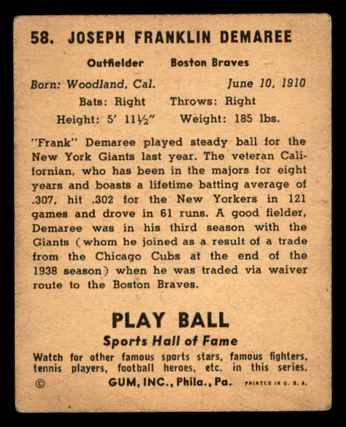 1941 Play Ball #058 Frank Demaree Braves VG/VG-EX 559518