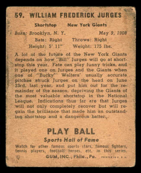 1941 Play Ball #059 Billy Jurges Giants GD-VG 559519