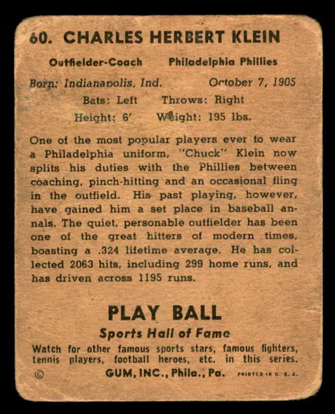 1941 Play Ball #060 Chuck Klein Phillies FR-GD/GD 559520