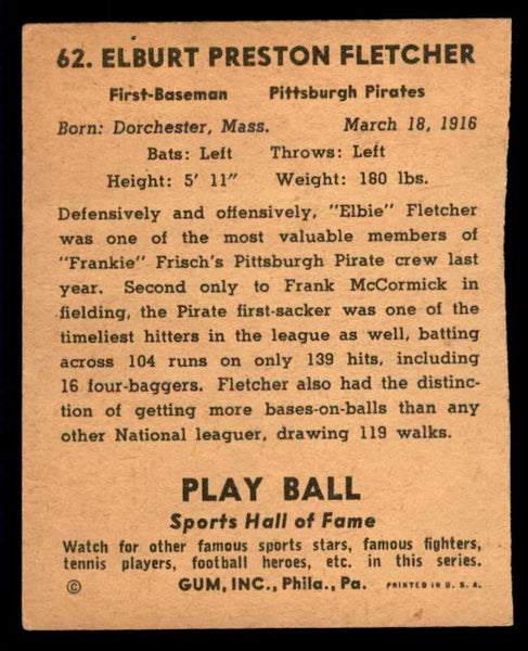 1941 Play Ball #062 Elbie Fletcher Pirates Good trimmed 559521