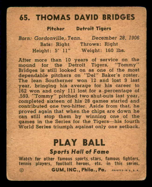 1941 Play Ball #065 Tommy Bridges Tigers VG scuff front 559522