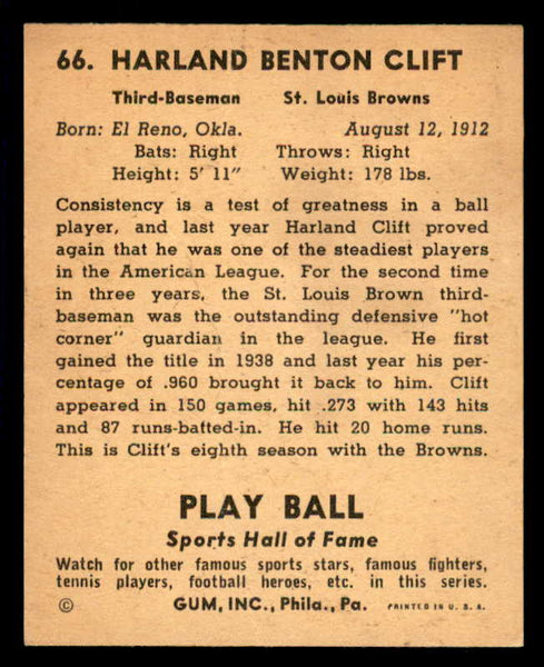 1941 Play Ball #066 Harland Clift Browns GD-VG 559523