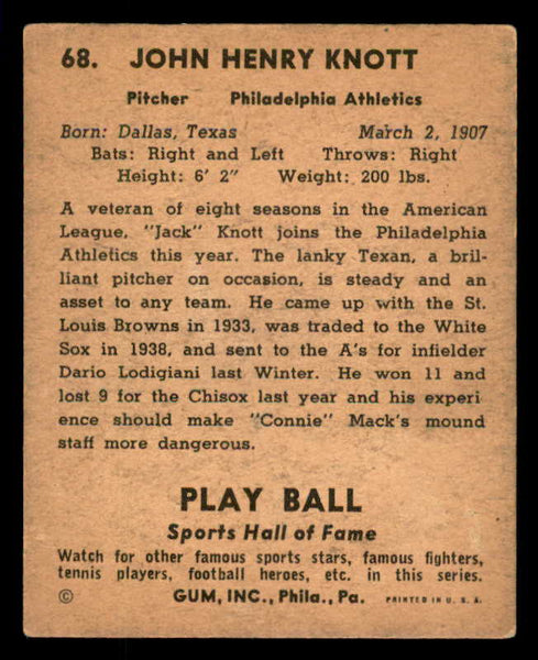 1941 Play Ball #068 Jack Knott A's VG-EX 559525