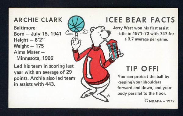 1972 Icee Bear Archie Clark Bullets NR-MT 559625