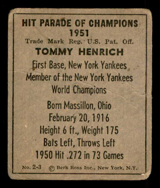 1951 Berk Ross #002-3 Tommy Henrich Yankees GD-VG 559634