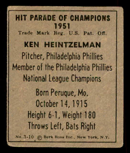 1951 Berk Ross #003-10 Ken Heintzelman Phillies GD-VG 559635