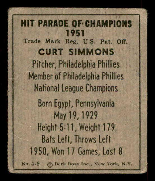 1951 Berk Ross #004-9 Curt Simmons Phillies GD-VG 559636
