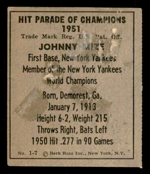 1951 Berk Ross #001-7 Johnny Mize Yankees Good residue back 559637