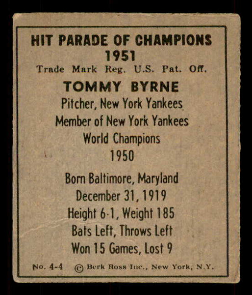 1951 Berk Ross #004-4 Tommy Byrne Yankees VG 559641