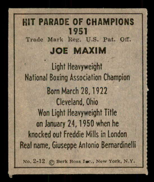 1951 Berk Ross #002-12 Joe Maxim Boxer EX 559646