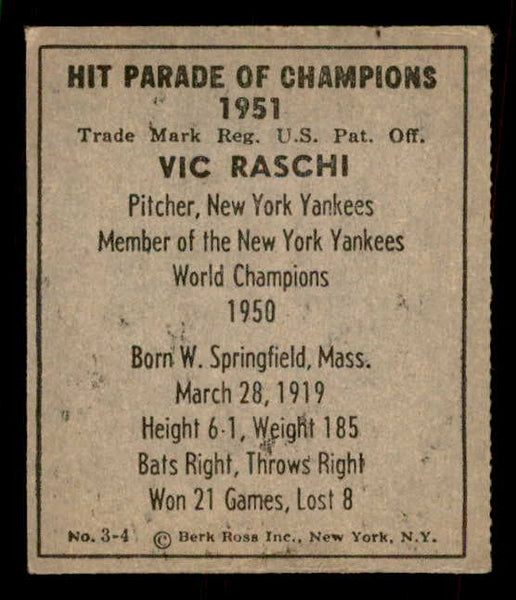 1951 Berk Ross #003-4 Vic Raschi Yankees EX 559649