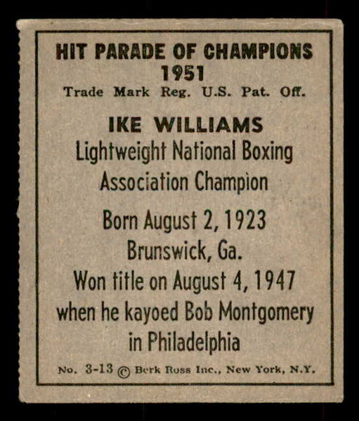 1951 Berk Ross #003-13 Ike Williams Boxer EX 559651