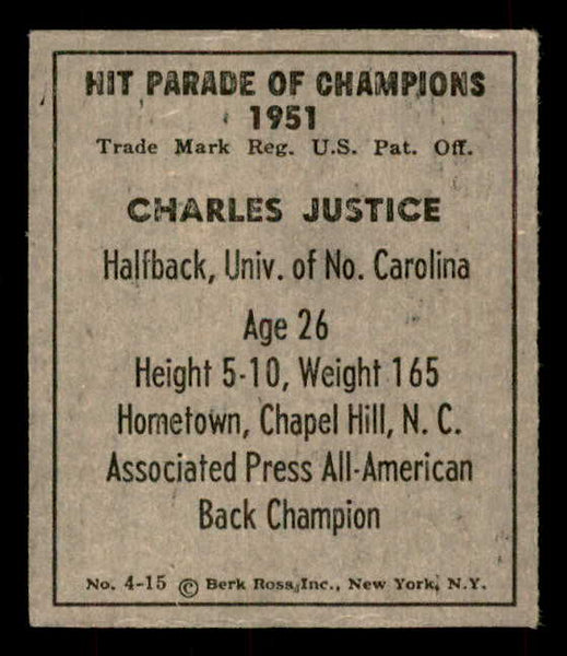 1951 Berk Ross #004-15 Charlie Justice North Carolina EX 559656