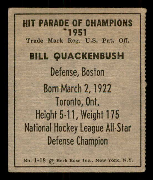 1951 Berk Ross #001-18 Bill Quackenbush Bruins VG-EX 559658