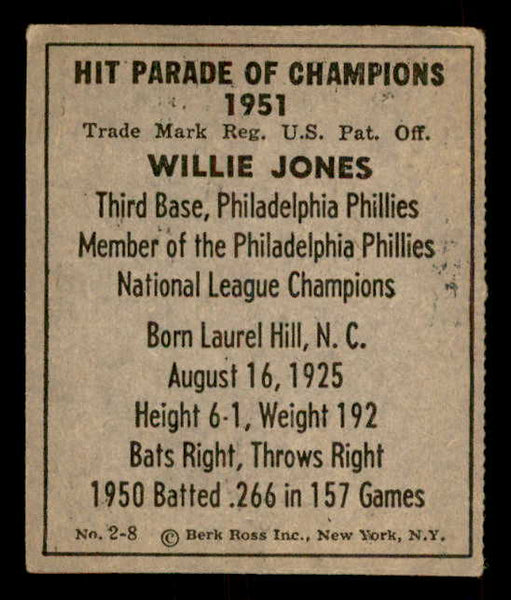 1951 Berk Ross #002-8 Willie Jones Phillies VG-EX 559659
