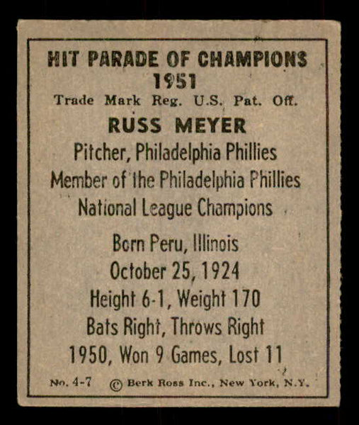 1951 Berk Ross #004-7 Russ Meyer Phillies VG-EX 559663