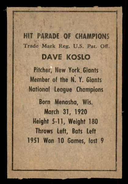 1952 Berk Ross Dave Koslo Giants EX-MT 559678