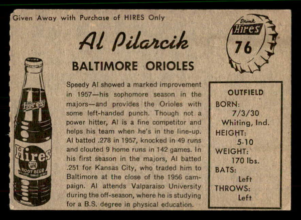 1958 Hires #076 Al Pilarcik Orioles VG No Tab 559686