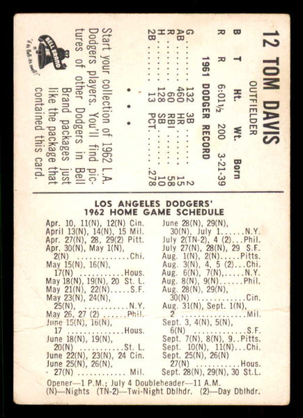 1962 Bell Brand #012 Tommy Davis Dodgers FR-GD 559692