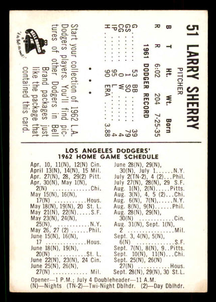 1962 Bell Brand #051 Larry Sherry Dodgers VG-EX 559694