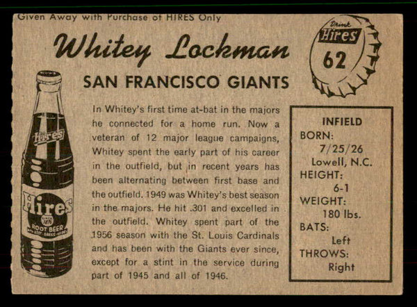 1958 Hires #062 Whitey Lockman Giants EX No Tab 559695