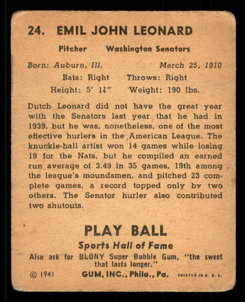 1941 Play Ball #024 Dutch Leonard Senators GD-VG/VG 559697
