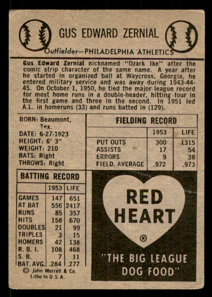 1954 Red Heart Gus Zernial A's Good 559700