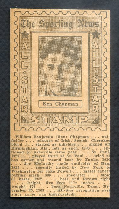 1936 Sporting News All Star Stamp Ben Chapman Senators EX-MT 382270