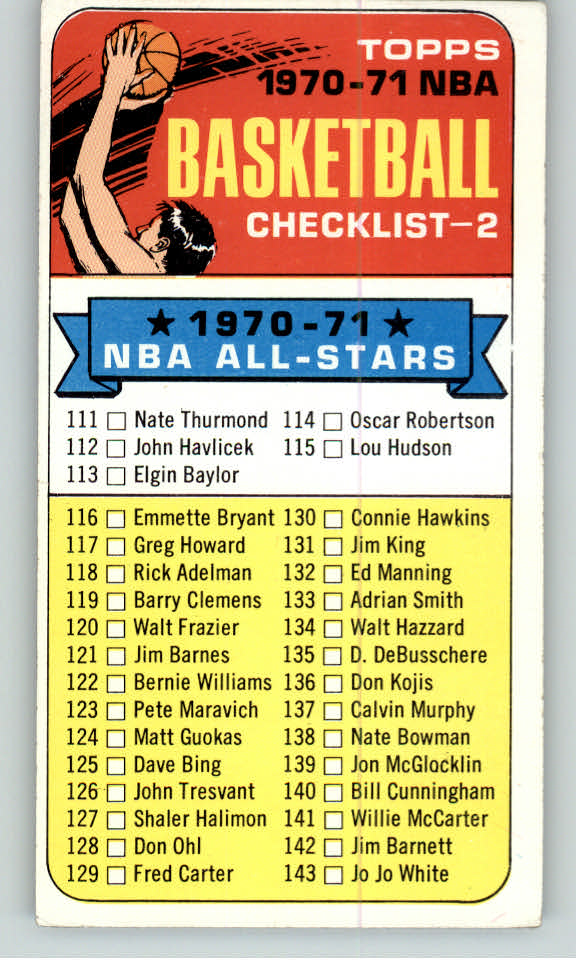 1970 Topps Basketball #101 Checklist 2 EX-MT Unmarked 388754