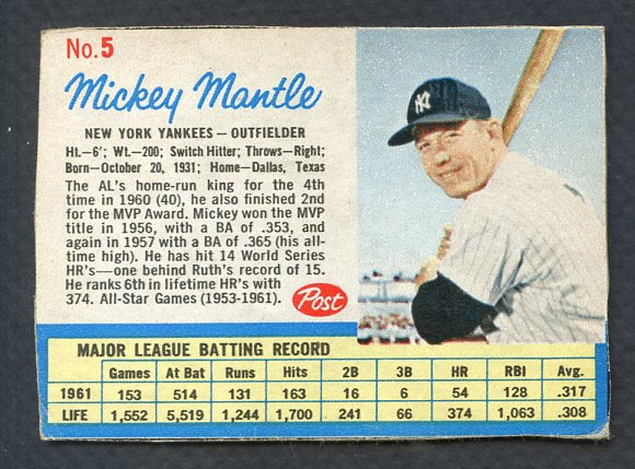 1962 Post Baseball #005 Mickey Mantle Yankees VG-EX 392468