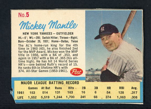 1962 Post Baseball #005 Mickey Mantle Yankees VG Ad 412016