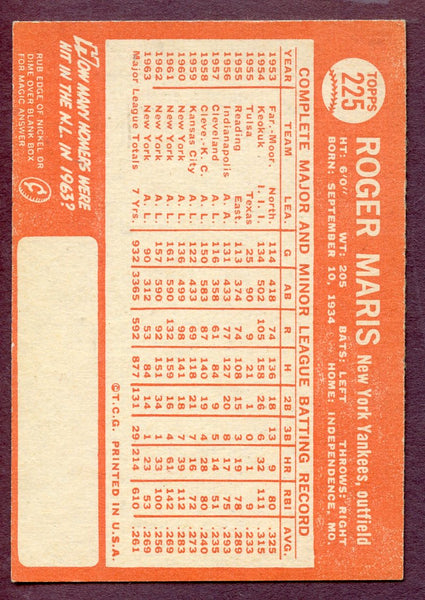 1964 Topps Baseball #225 Roger Maris Yankees EX-MT 413106