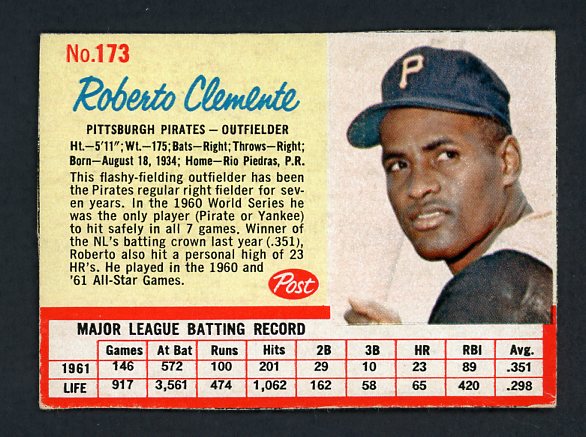 1962 Post Baseball #173 Roberto Clemente Pirates EX 414579