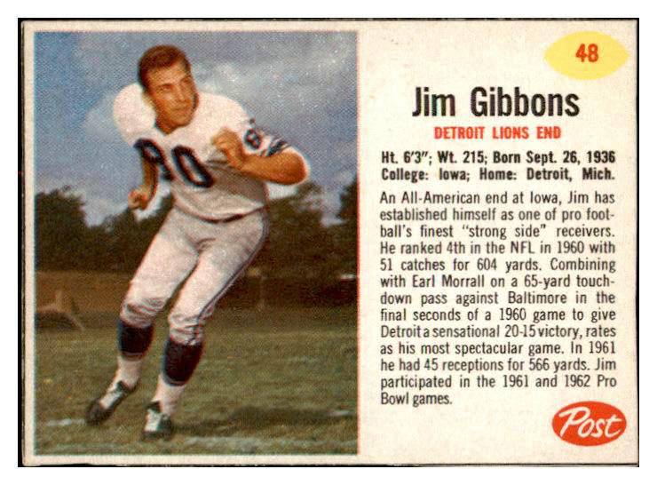 1962 Post Football #048 Jim Gibbons Lions NR-MT 415459
