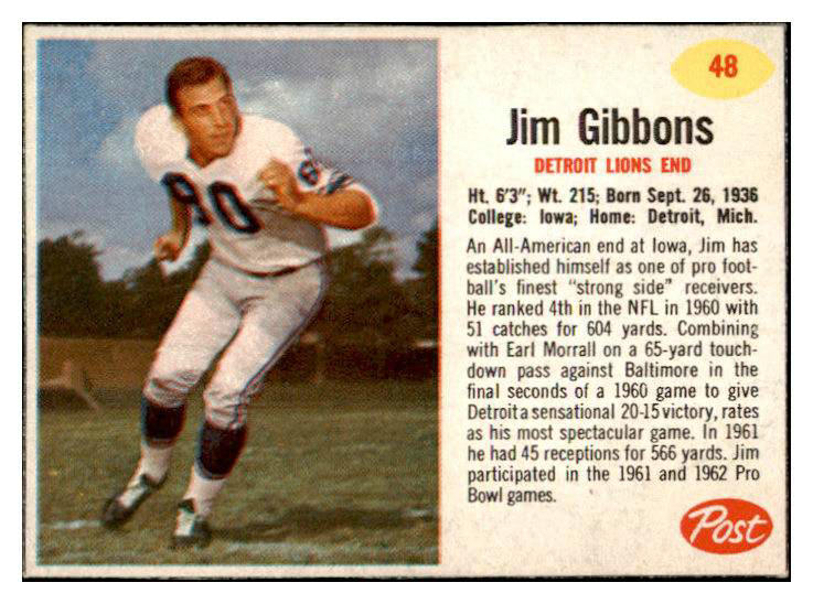 1962 Post Football #048 Jim Gibbons Lions NR-MT 415460