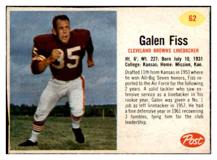 1962 Post Football #062 Galen Fiss Browns EX-MT 415462