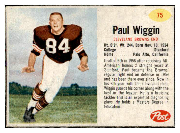 1962 Post Football #075 Paul Wiggin Browns EX-MT 415468