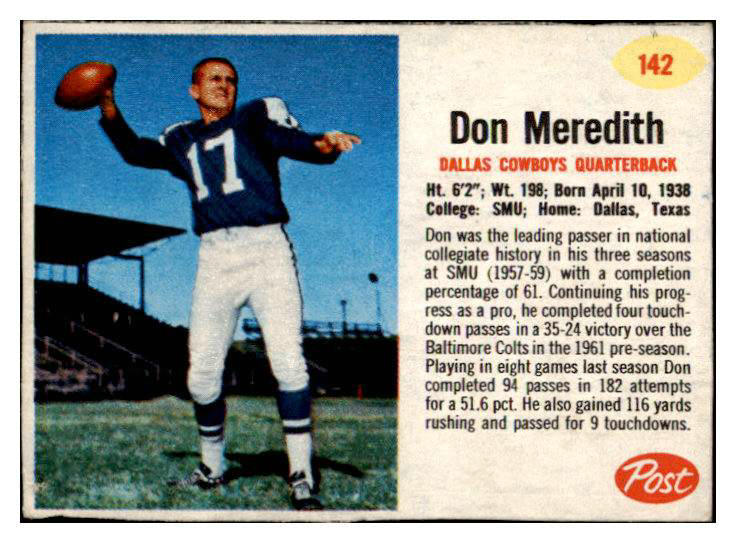 1962 Post Football #142 Don Meredith Cowboys EX 415480