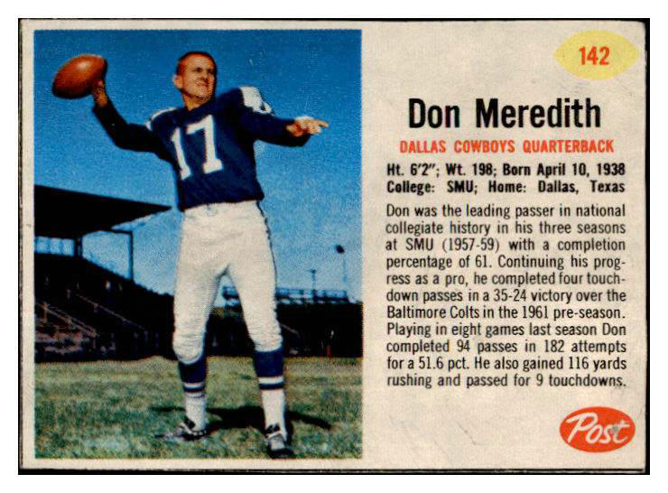 1962 Post Football #142 Don Meredith Cowboys VG-EX 415481