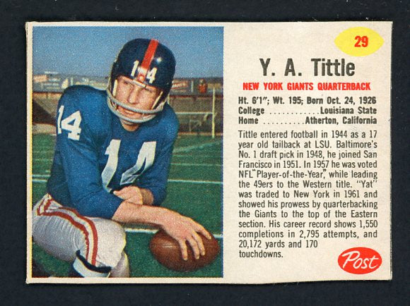 1962 Post Football #029 Y.A. Tittle Giants EX-MT 415522