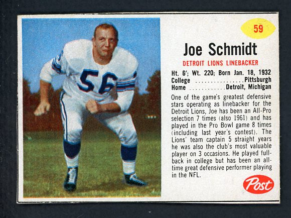 1962 Post Football #059 Joe Schmidt Lions NR-MT 415525