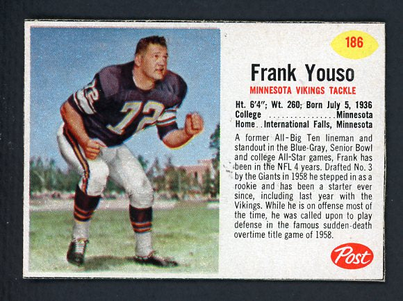 1962 Post Football #186 Frank Youso Vikings EX-MT 415531