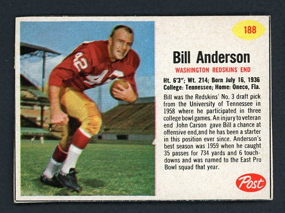 1962 Post Football #188 Bill Anderson Washington NR-MT 415534