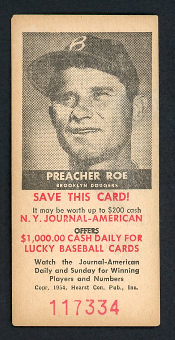 1954 New York Journal American Preacher Roe Dodgers EX 417733