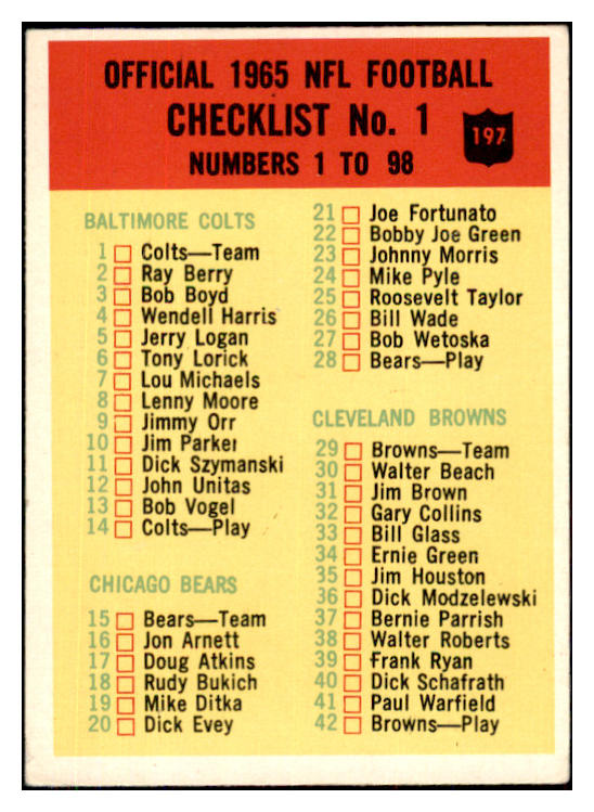 1965 Philadelphia Football #197 Checklist 1 EX Unmarked 423475