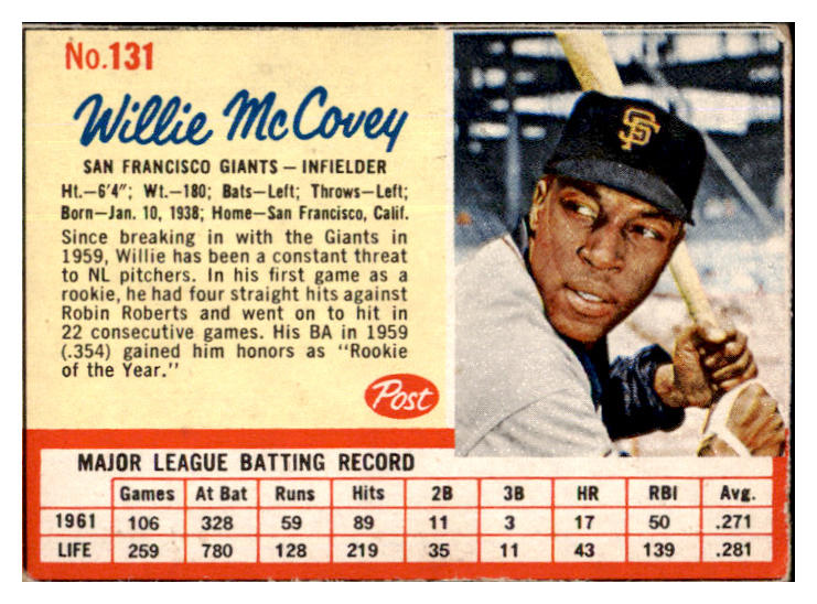 1962 Post Baseball #131 Willie McCovey Giants EX 425047