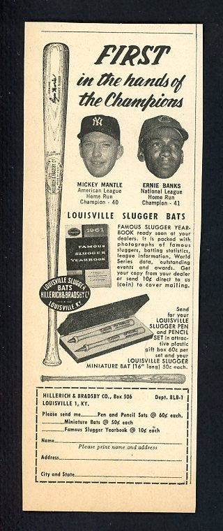 1961 Louisville Slugger Magazine Ad Mickey Mantle Ernie Banks EX-MT 427403