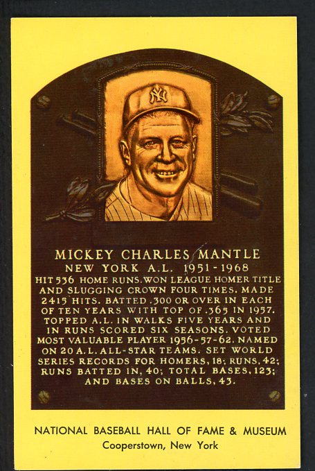 1989 Hall Of Fame Yellow Plaque Postcard Mickey Mantle Yankees EX-MT 427435