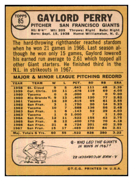 1968 Topps Baseball #085 Gaylord Perry Giants EX+/EX-MT 427857