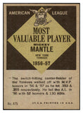 1961 Topps Baseball #475 Mickey Mantle MVP Yankees EX-MT 427949